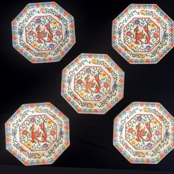 Set of 5 Vintage Otagiri Red Dragon Plates Octagon 7.25" Chinoiserie Japan 1960s - Picture 7 of 7